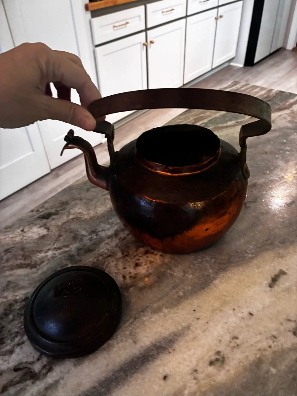 Early antique primitive Copper Kettle in Warm Copper and Dark Patina